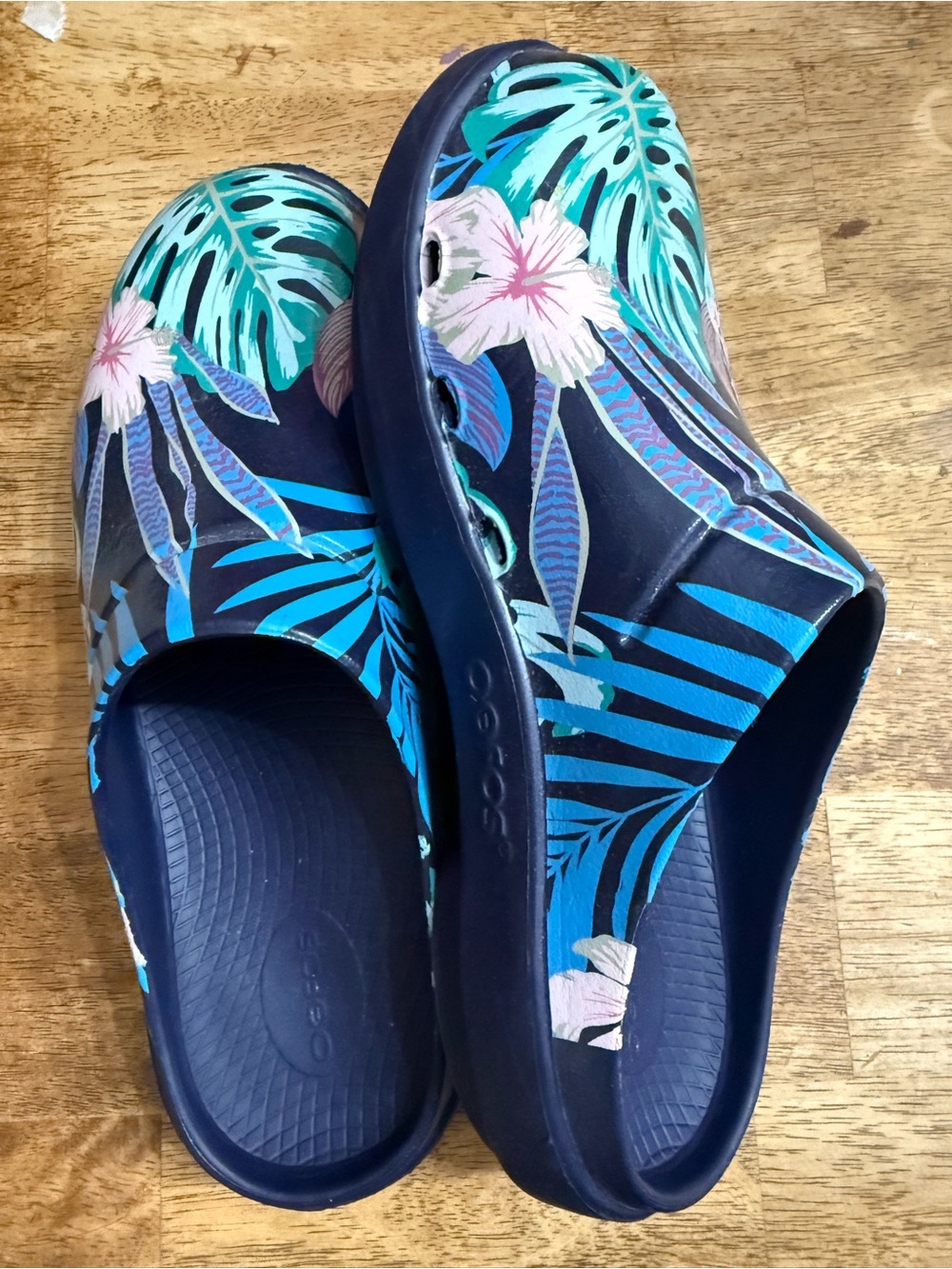 Navy Tropical Slide Sandals with Floral Print